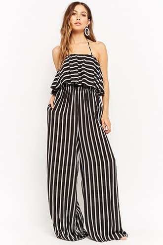 Forever21 Striped Flounce Halter Jumpsuit