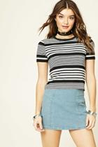 Forever21 Women's  Black & Heather Grey Striped Boxy Tee