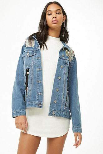 Forever21 Floral Embroidered Mesh Denim Jacket