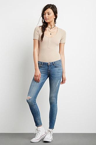 Forever21 Women's  Denim Distressed Low-rise Jeans