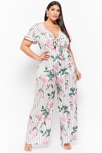 Forever21 Plus Size Floral Striped Wide-leg Jumpsuit