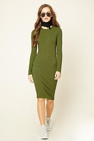 Forever21 Women's  Olive & Black Stripe Midi Bodycon Dress