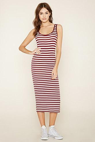 Forever21 Women's  Burgundy & Cream Striped Midi Dress