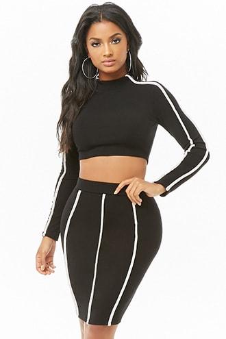 Forever21 Contrast-trim Crop Top & Knee-length Skirt Set