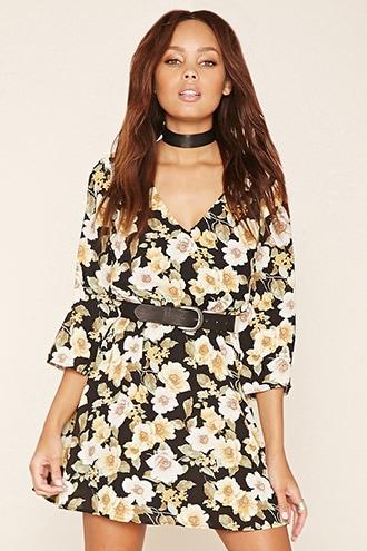 Forever21 Women's  Black & Yellow Floral Print Skater Dress