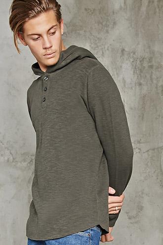 21 Men Men's  Hooded Slub Knit Henley