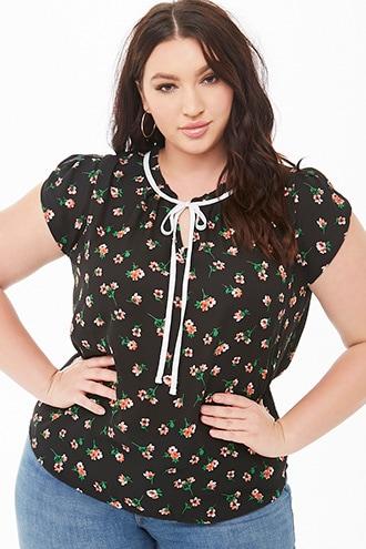 Forever21 Plus Size Floral Pussycat Bow Top