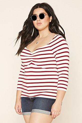Forever21 Plus Women's  Cream & Burgundy Plus Size Ruched Stripe Top