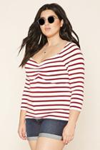 Forever21 Plus Women's  Cream & Burgundy Plus Size Ruched Stripe Top