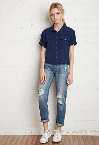 Forever21 Women's  Cuffed-sleeve Boxy Shirt (navy)