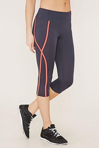 Forever21 Women's  Grey & Neon Coral Active Contrast Capri Leggings