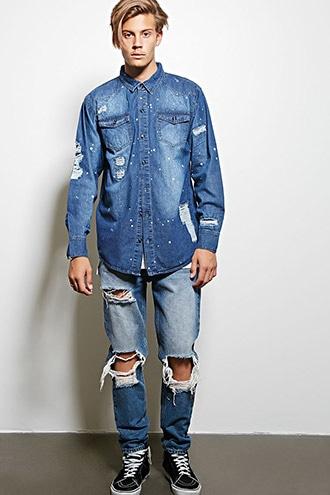 21 Men Men's  Victorious Ripped Denim Shirt
