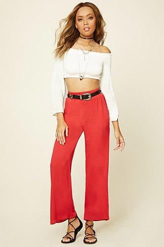 Forever21 Women's  Red Wide-leg Gauze Pants
