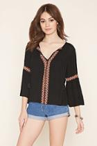 Forever21 Women's  Black Lace-embroidered Peasant Top
