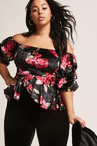 Forever21 Plus Size Crushed Velvet Floral Off-the-shoulder Top