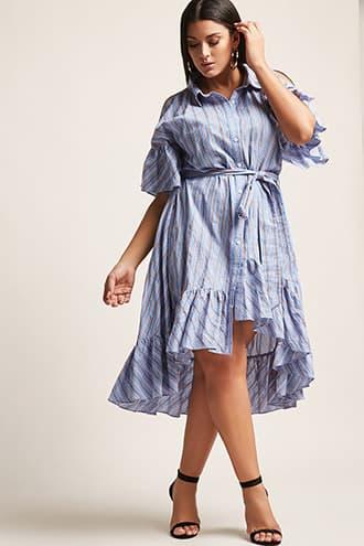Forever21 Plus Size Stripe Open-shoulder High-low Shirt Dress