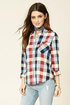 Forever21 Women's  Cream & Navy Gingham Plaid Shirt