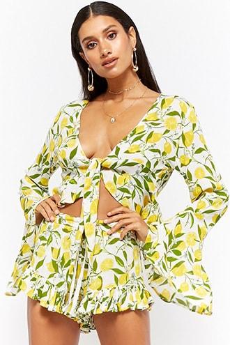 Forever21 Amale Lemon Print Tie-front Top