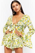 Forever21 Amale Lemon Print Tie-front Top