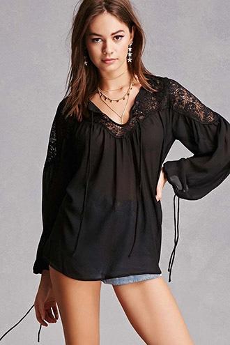 Forever21 Sheer Floral Lace Peasant Top