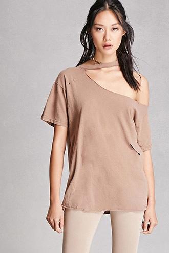 Forever21 Women's  Brown Vintage Ripped Neck Solid Tee