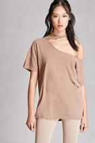 Forever21 Women's  Brown Vintage Ripped Neck Solid Tee