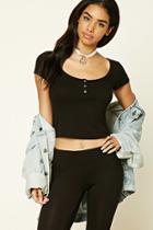 Forever21 Women's  Black Ribbed Knit Henley Crop Top