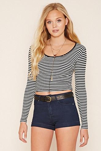 Forever21 Women's Black & Cream Striped Ribbed Knit Tee
