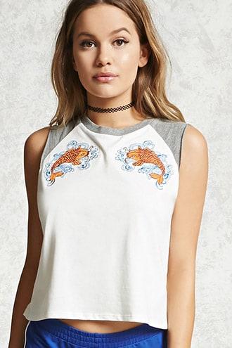 Forever21 Koi Fish Raglan Muscle Tee
