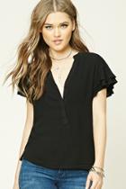 Forever21 Women's  Black Ruffled Button-front Top