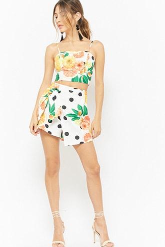 Forever21 Floral Polka Dot Citrus Print Tie-front Skort