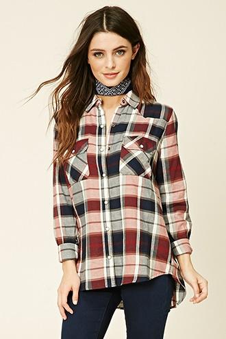 Forever21 Women's  Wine & Navy Snap-button Plaid Shirt