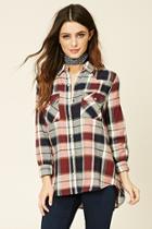 Forever21 Women's  Wine & Navy Snap-button Plaid Shirt