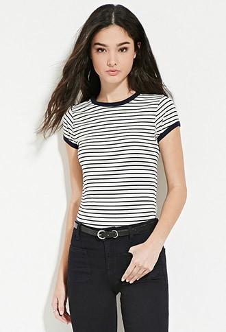 Forever21 Women's  Cream & Navy Contrast Trim Striped Tee