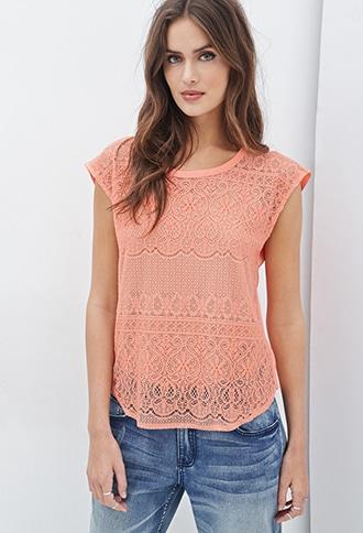 Love21 Women's  Coral Contemporary Floral Lace-paneled Top