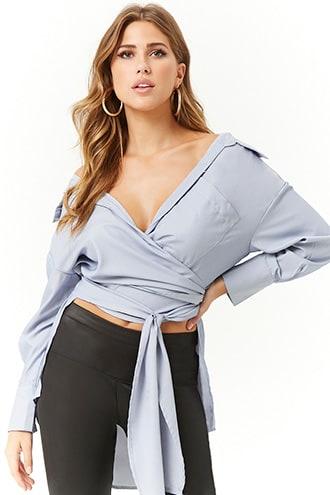 Forever21 Pinstriped Wraparound High-low Shirt