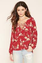 Forever21 Women's  Wine & Tan Floral Lace-up Blouse