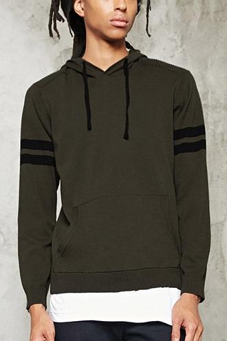 21 Men Men's  Olive & Black Varsity-stripe Hooded Sweater