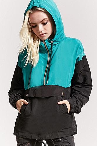 Forever21 Hooded Zip-front Colorblock Anorak