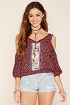 Forever21 Women's  Wine & Peach Floral Print Open Shoulder Top