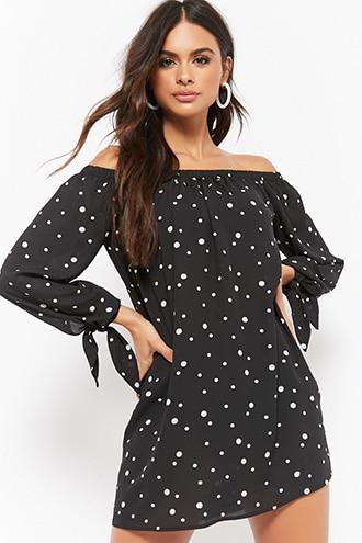 Forever21 Polka Dot Off-the-shoulder Mini Shift Dress