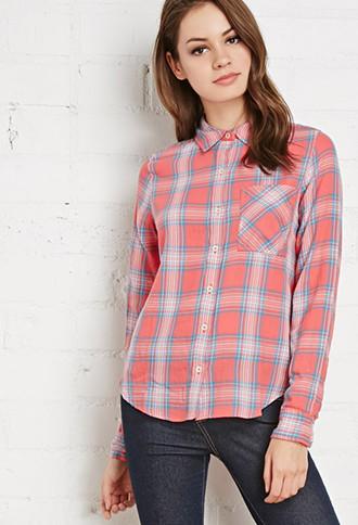 Forever21 Women's  Plaid Pocket Shirt (salmon/turquoise)