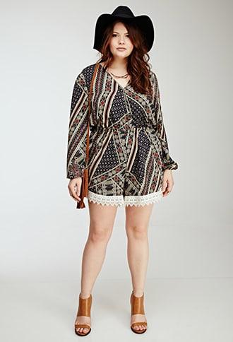 Forever21 Plus Size Crochet-trimmed Geo Print Romper