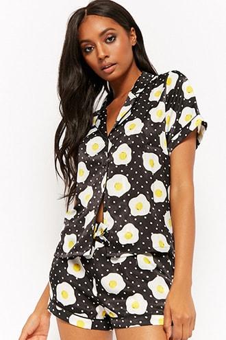Forever21 Egg Print Pajama Shirt & Shorts Set