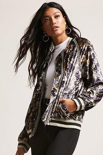 Forever21 Velvet Floral Bomber Jacket