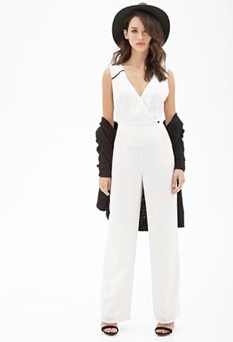 Forever21 Faux Leather-trimmed Surplice Jumpsuit