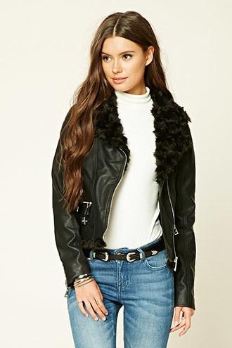 Forever21 Women's  Black Faux Fur Moto Jacket
