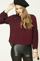 Forever21 Women's  Wine & Black Embroidered Peasant Top
