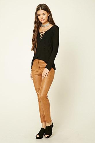 Forever21 Women's  Camel Faux Leather Pants