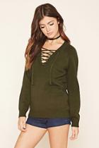 Forever21 Women's  Olive Lace-up Knit Sweater